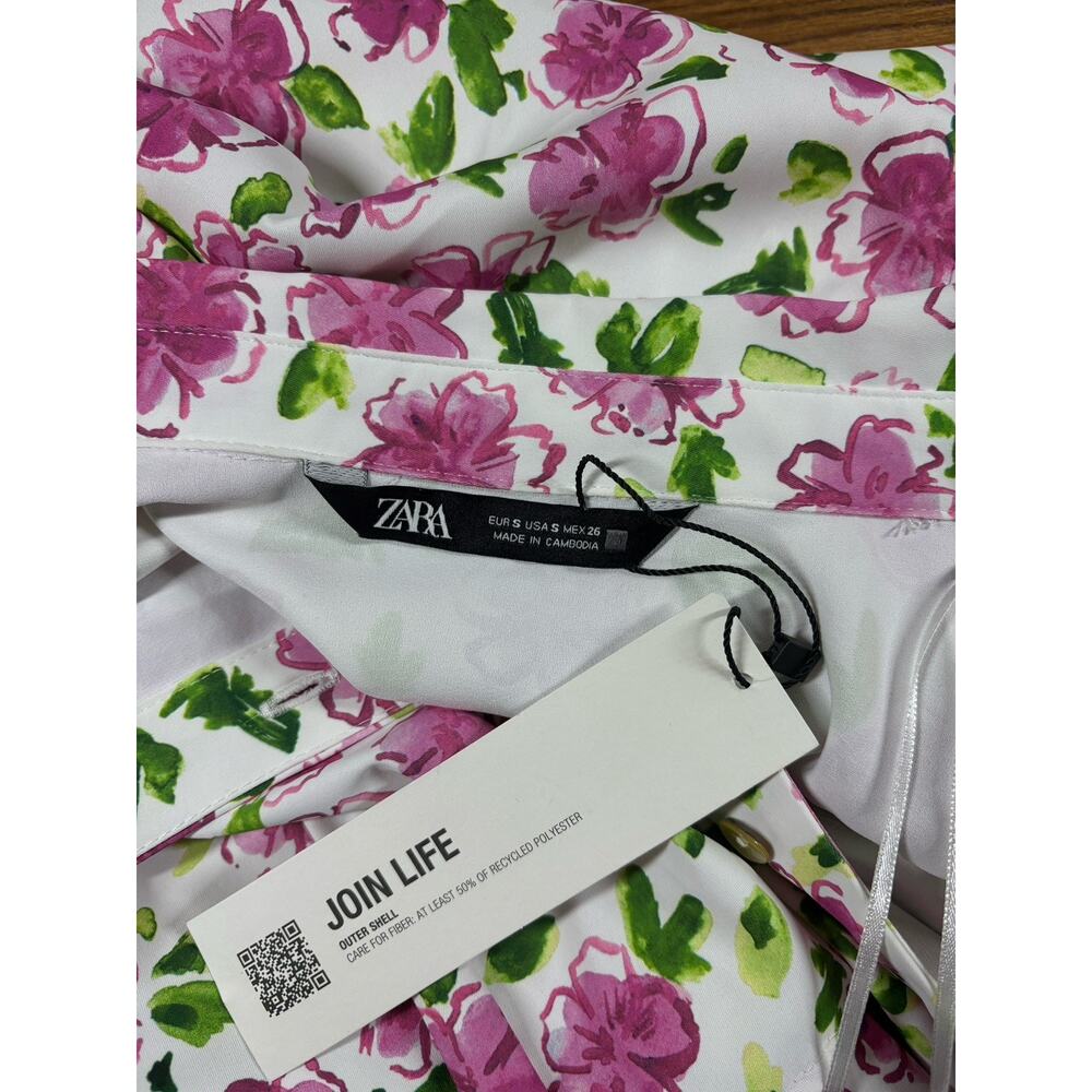 Zara Top Womens Size S White Pink Floral Silky Bloggers Fave Button Up‎ Blouse - Picture 9 of 13